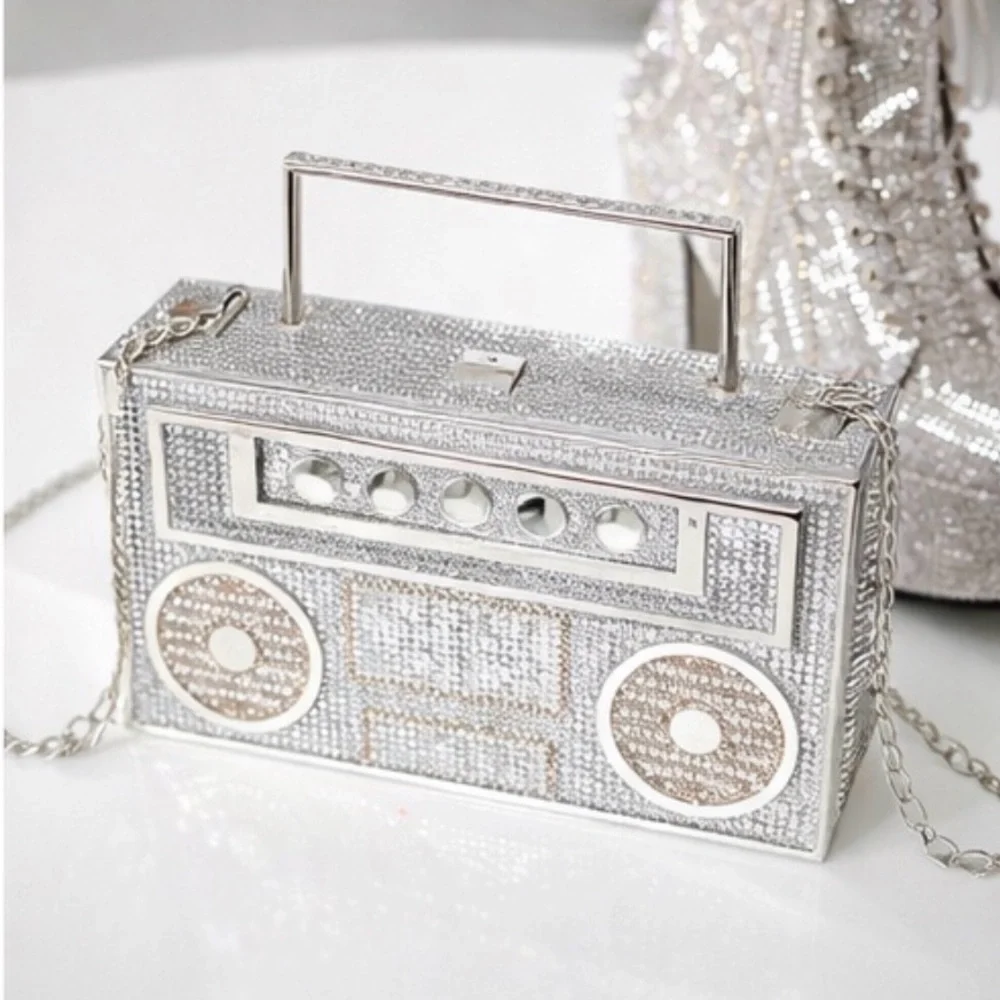 Boombox Clutch Silver Gem Purse Y2K Festival Vegas Bachelorette Statement Bag